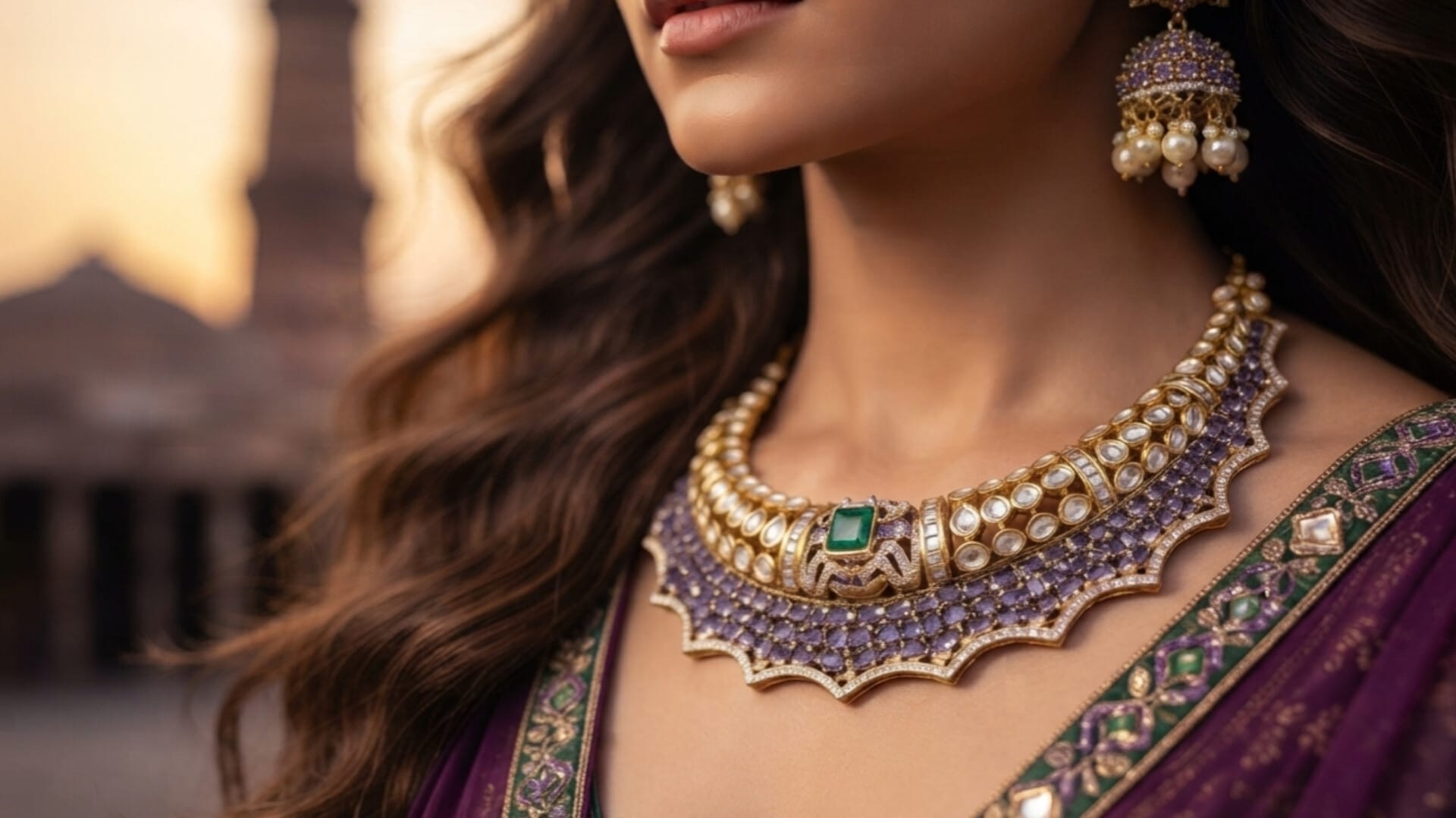 Luxury kundan choker, polki earrings and embroidered jutti — Sequins by Aman